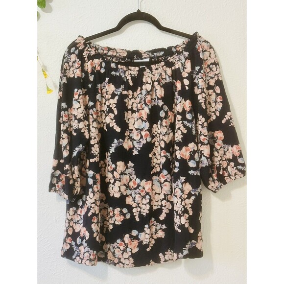J. Jill Women's Size XL Black Floral Short Sleeve Blouse Boho Whimsigoth Office - Picture 6 of 11